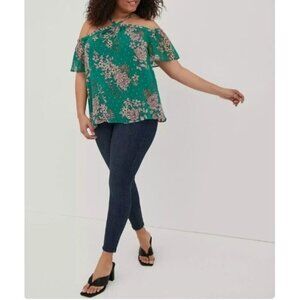 Torrid Top Womens 3X Green Floral Cold Shoulder Halter Crinkle Chiffon Boho